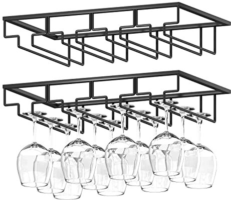 Wtiujhg Wine Glass Rack Under Cabinet - 4 Row Stemware Wine Glass Holder - Glasses Storage Hanger Metal Organizer for Brandy, Margarita, Martini Glasses & More - 2 Pack, Black