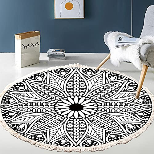 Tapis rond en coton tissé à la main - Motif mandala - Style bohème vintage - Avec pompons - Lavable en machine - Pour chambre à coucher, couloir, salon, table basse - 90 cm - Fleurs #17