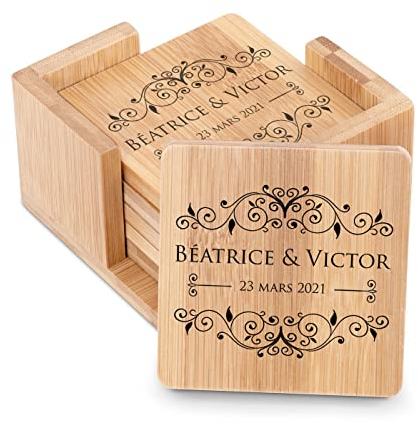 Maverton Set de 6 sous-Verres personnalisés pour Couples - Bois de Bambou - 7,7 cm x 7,7 cm - pour Une Tasse de café ou thé - Couleur Naturelle - pour Anniversaire - Ensemble