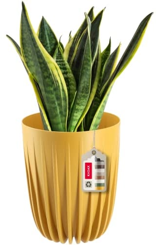 KADAX Pot de Fleurs Moderne en Plastique - Rond avec Insert et Motif Géométrique - Naturel et Haut (∅ 30 cm, Jaune Foncé)