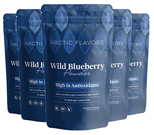 Arctic Flavors Polvere di mirtilli selvatici, liofilizzati, ad alto contenuto di antiossidanti, completamente naturale, mirtilli interi 100% da fonti sostenibili (confezione da 5)