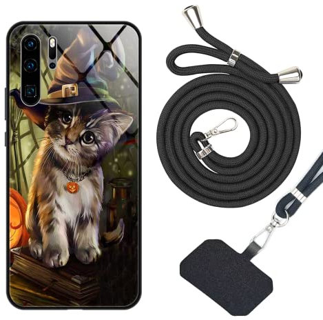 vingarshern Verre Trempé Coque Huawei P30 Pro Étui avec Cordon,Cadre Souple Housse Huawei P30 Pro Coque Cordon+Arrière en Verre Trempé à Motifs,Coque avec Cordon Huawei P30 Pro Lanyard Case,Motif02