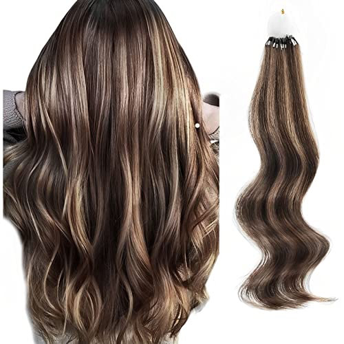 ABH AMAZINGBEAUTY HAIR Microring Extensions Echthaar Micro Loop Extensions Echthaar 50g 50 Strähnen Schokoladen Braun mit Karamellblonden Highlights Gerade Micro Loop Haarverlängerungen 40cm #P4/27