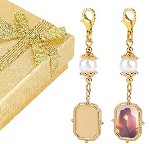 CHGCRAFT 2 Pcs 60mm Gold Hochzeit Bouquet Charm Rechteck Edelstahl rial Foto Anhänger mit Süßwasser Perle und Halskette Boxen für Hochzeit Braut Dusche Party Dekor, Tablett: 14.5x10mm