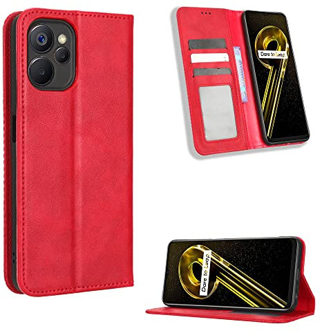 BellaCase Oppo Realme 9i 5G Coque [Étui Portefeuille] [Fonction Support] [Slots pour Cartes] [Couverture à Rabat Magnétique] Compatible avec Le Smartphone Oppo Realme 9i 5G(Rouge)
