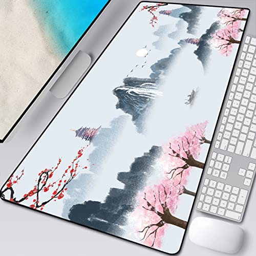 Tapis de Souris pour Clavier 1200x600x3mm Tapis de Souris en Caoutchouc Anti dérapant, pour Ordinateurs, PC et Portables,Tapis de Souris Jeu XXL Dessin animé Montagnes Arbres Brouillard