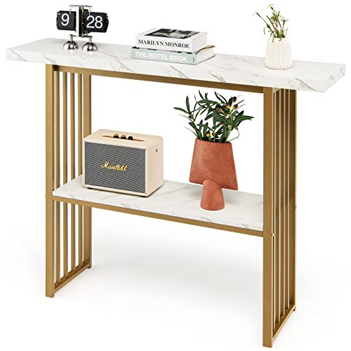 Multigot 2-Tier Console Table, Faux Marble Narrow Behind Couch Entryway Table, 120cm Long Metal Frame Accent Sofa Side Table Hall Desk for Hallway, Living Room, Bedroom (White+Gold)