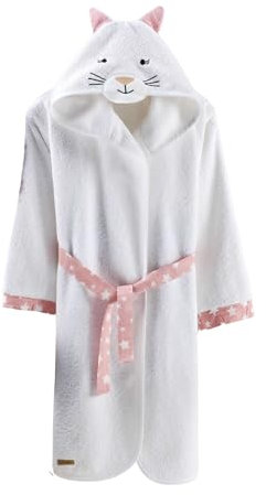ELY PARKER Bademantel Kinder Frottee, Mädchen, Handtuch aus Türkischer Baumwolle, mit Kapuze, Katze, Weiß (13-14 Jahre) Superweich, Saugfähig, Bequem, Dick