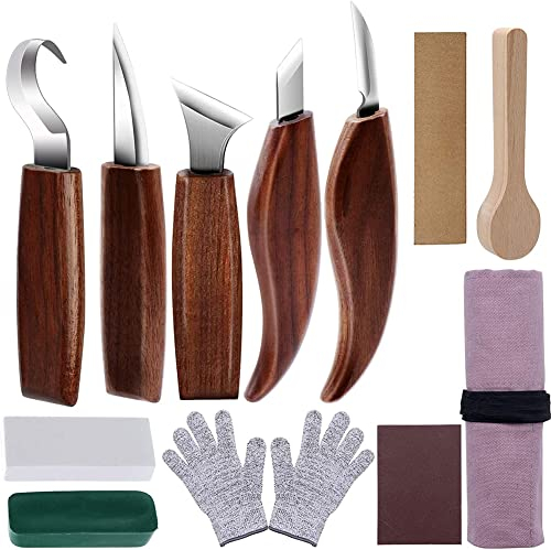Holz-Schnitzwerkzeug Set,Holz Schnitzmesser mit Schleifsteine 12 Teiliges,Holzschnitzwerkzeug Set,Holzwerkzeug für Anfänger/Profis Schnitzen mit Schnittfeste Handschuhe und Schleifsteine