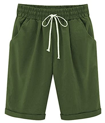 oglccg Womens Half Pants Plus Size Knee Length Cotton Linen Shorts with Pockets Summer Solid Beach Vacation Straight Leg Trousers Drawstring Elastic Waist Bermuda Work Shorts, #07 Army Green 6XL
