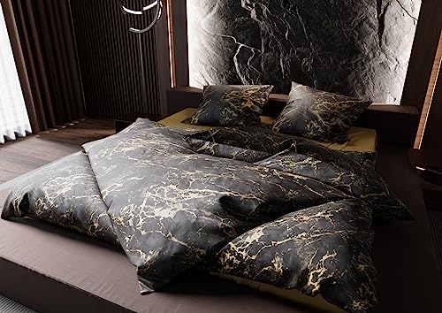 Bettwaesche-mit-Stil Mako Satin Bettwäsche Marmor schwarz/Gold (Garnitur 135x200 + 80x80)
