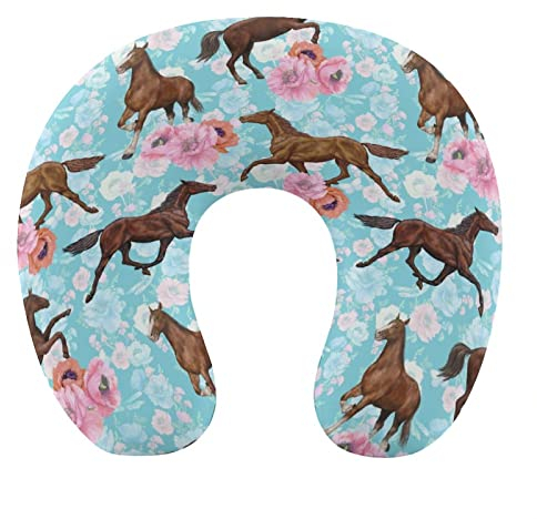 Nackenkissen für Kinder, Damen und Herren, Memory-Schaum-Schlafkissen, kompatibel mit rennendem Pferd und Blumen, waschbares Nackenkissen für Flugzeuge/Autos/Heimreisen mit atmungsaktivem Polyesterb