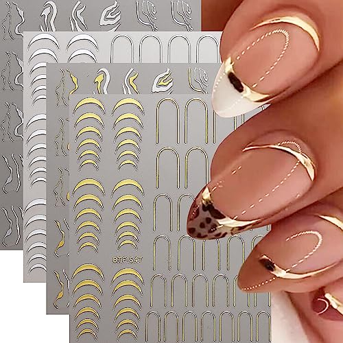 Nagelsticker Selbstklebend, 6 Blatt French Nail Art Stickers Gold Silber Weiß Linien Nagel Aufkleber Sticker 3D Nail Art Striping Tape Nageldesign DIY Maniküre Dekoration