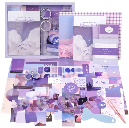 TIE-DailyNec 348 Stück Scrapbook Zubehör Set, Vintage Scrapbooking Papier Ästhetisches, Retro Aufkleber Papier, Journaling Zubehör mit A6 Notizbuch und DIY-Werkzeugen für Fotoalben (Lila)