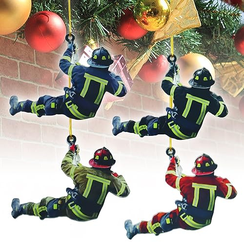 YISKY Weihnachtsbaum Feuerwehrmann Acryl Ornamente, 4 Stück Feuerwehrmann Weihnachtsschmuck, Feuerwehrmann Acryl Ornamente Zum Aufhängen, für Wandfenster, Baum, Auto-Rückspiegel-Zubehör