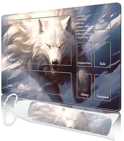 Nkddert MTG Playmat, Playmats for MTG TCG 24 x 14 Stitched Edges Play Mat with Free Storage Bag for Cards Game Play Waterproof Battle Board Game White Wolf MTG Playmat with Zones