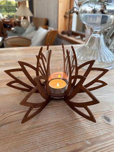 Windlicht mit Glaseinsatz Blume, Gartenfackel aus Corten-Stahl