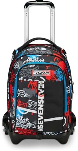 Seven Trolley Scuola Jack 3 Ruote, Nero Rosso, Half Street, 3 in 1, Triplo Uso, Zaino Con Carrello Sganciabile, Tasca Porta Borraccia e Crossover System, Zaino Scuola Viaggio, Bambino Ragazzo
