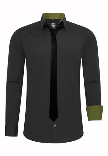 Rusty Neal Herren-Hemd Premium Slim Fit Langarm Stretch Kontrast Hemd mit Krawatte Business-Hemden Outfit Freizeithemd Set 44_99, Größe:L, Farbe:Schwarz/Khaki