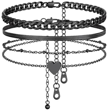 FindChic 3 Stück Fußkette Damen Doppeltes Herz-Fußkette Schlangenkette Fußkettchen Panzerkette Strand Knöchel Ketten Armbänder Verstellbare Fußschmuck Set, Schwarz, Wasserfest, 22+5cm