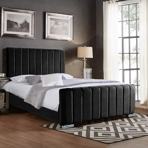 The Bed Place Panel Line Upholstered Double Bed frame with Headboard and Foot board - Double Bed 4FT6 - Wooden Bed Frame Double Bed - Black Plush Velvet