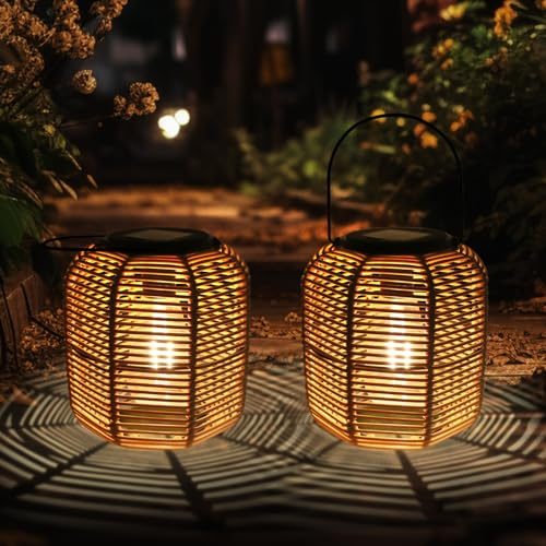 Solarlaterne für Außen Garten, 2 Stück Wetterfest Solar Rattan Laterne, Hängend/ Stehend Solarlampen, Solar Laternen für Balkon Terrasse Patio Tisch, Garten Deko