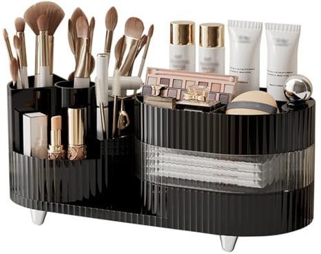 NUODWELL Makeup Organiser, Cosmetics Storage Box | Dressing Table Organiser with 360°Rotating Makeup Brush Holder for Bathroom, Bedroom (Black)