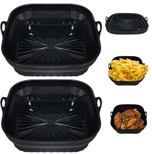 Pulsky 2 Pcs Silicone Air Fryer Liners 5-7 L, 5 mm Thickened Reusable Air Fryer Accessories, Black Food Grade Silicone Greaseproof Airfryer Baking Tray for Tefal, Tower, COSORI