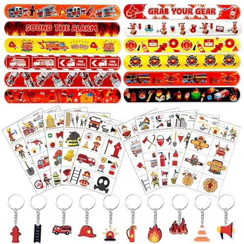 ARONRAVE Feuerwehrmann Party Mitgebsel Feuerwehr Deko Kindergeburtstag 12 Feuerwehr Schnapparmband 10 Feuerwehrauto Schlüsselanhänger 10 Temporäre Tattoos Feuerwehr Spielzeug für Feuerwehrmann Deko