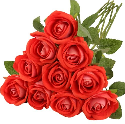 N&T NIETING Künstliche Rosen Blumen, 10 Stück Realistische Seidenblumen Einzelner Langer Stiel gefälschte Rosen Brautstrauß für Hochzeit Home Party Arrangement Valentinstag Dekoration (Hellrot,51cm)