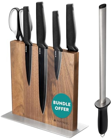 Navaris Set Messerhalter doppelseitig und Diamant Wetzstahl - Messer Halterung magnetisch aus Walnuss Holz - 31cm Schleifstab oval - Wetzstab Messerschleifer und Messerblock unbestückt Braun