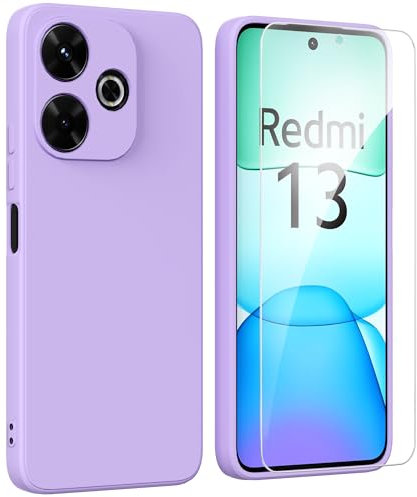 ARRYNN Funda Xiaomi Redmi 13 4G (6,79) con Cristal Templado Protector de Pantalla,Ultra Slim Protectora Funda de Silicona Líquida Suave Case Cover para Xiaomi Redmi 13 4G - Púrpura