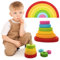 RunHero 3-in-1 Montessori Stapelspielzeug Holzbausteine Regenbogen Motorikspielzeug Grimms Bauklötze ab 1 Jahr Baby Geschenk für 2 3 4 5 Jahr Kinder
