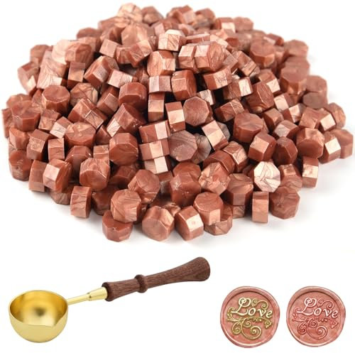 ASTARON 300 Stück Siegelwachs Orange-Gold, Siegelwachs Perlen mit 1 Wachsschmelzlöffel, Wachssiegel-Set für Stempel, für Einladungen, Karten, Umschläge, Weinpakete, Geschenkverpackungen