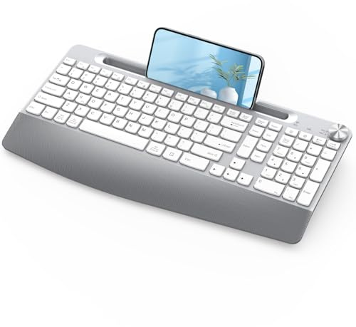JOYACCESS Teclado inalámbrico ergonómico, teclado USB inalámbrico de 2.4 GHz de tamaño completo con reposamuñecas, diseño silencioso y teclado numérico, soporte para teléfono para escritorio, laptop