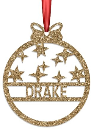KreateSquare Personalised Christmas Bauble, 950 GSM (1.7 mm) Double-Sided Glitter Xmas Tree Decoration, Custom Name Baubles, Red Christmas Decorations Ornaments (Gold, Small Stars)