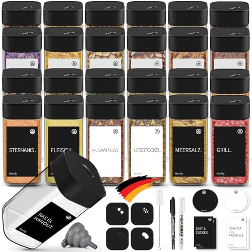 Miorkly Gewürzgläser Eckig - 24er Set mit Schwarz Edelstahl Drehdeckel, 120ML Gewürzstreuer Set mit Streueinsatz,Hochwertige Gewürzdosen,Glas Gewürz Organizer inklusive Trichter, Etikett und Stift