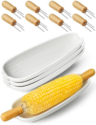 Artcome Maiskolbenschalen-Set aus Keramik mit 8 Maiskolbenhaltern aus Holz – 4er-Pack Maiskolbenteller mit geprägtem Mais-Design, langlebig und spülmaschinenfest, Geschirr-Set für Grillen, Picknicks