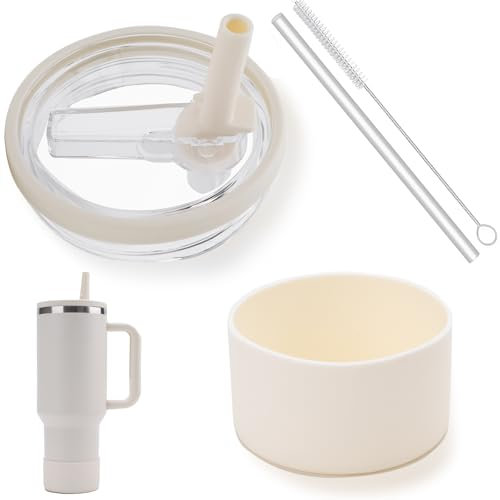 TUIORAN Stanley Cup Zubehörset, 1 Auslaufsicherer Ersatzdeckel + 1 Bodenschutz für Stanley 40oz Becher mit 1 Trinkhalmen and 1 Strohhalm Bürste, 1,18L Cup Zubehör (Cream Tonal)
