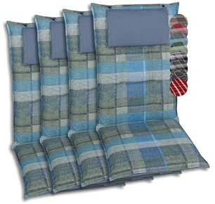 GO-DE Textil Bequeme und attraktive Polsterauflagen für Hochlehner-Gartenstühle (4er-Set, Karo Petrol-Grau, Hochlehner)