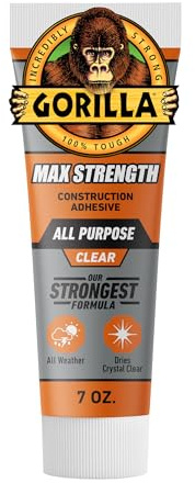 Gorilla Max Strength Construction Adhesive, Clear Glue, 7 Ounce Squeeze Tube (Pack of 1) - Gap Filling and Waterproof