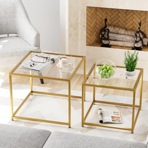 Garden 4 you Couchtisch 2er-Set, moderner Glas-Nisttisch, Metallrahmen, quadratischer Mitteltisch-Set, Beistelltische, Couchtisch für Wohnzimmer, Schlafzimmer und kleine Räume, 59,9 cm, Gold