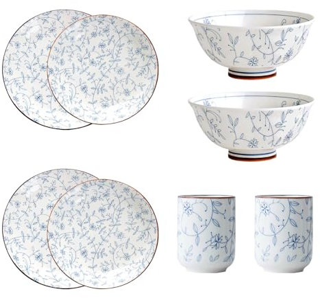 Kithing 8/7 Inch Ceramic Plates Set + 4.5 Inch Bowl + 6.6cm Mug - Blue Floral Pattern Dinnerware Set for Kitchen Dining, Home & Restaurant Use,Two of Each Style Set of 8(4 * 2)
