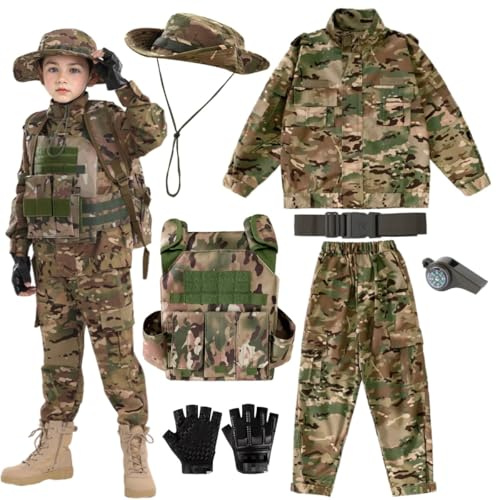 MELFZDM Kinder Militär-Kostüm Set, Taktische Weste, Tarnanzug mit Jacke und Hose, Boonie-Hut, Handschuhe, Gürtel und Pfeife, Camouflage