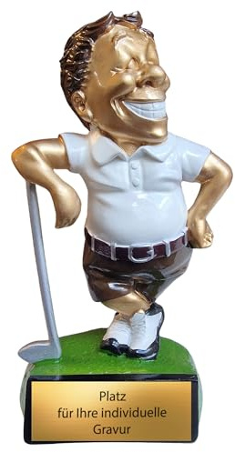 Golf Pokal 15,5 cm aus Resin - Witzige Trophäe mit Wunschgravur & Golfer | Humorvoller Award fuer Turniere & Buero, ca. 390 g schwere Karikatur auf Rasen-Sockel, personalisierbar mit eigenem Text