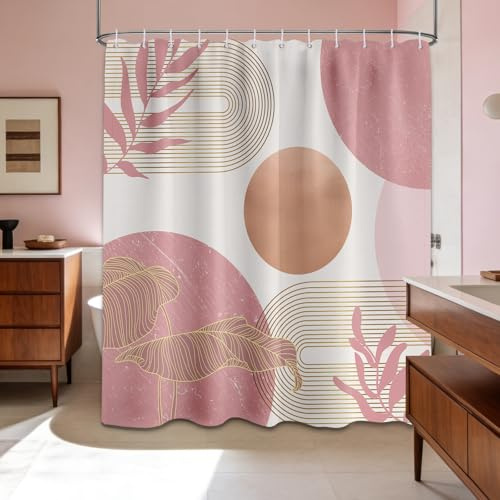 LanZanthic Blush Pink Boho Shower Curtains for Bathroom Light Pink and White Women MCM Wet Room Shower Curtain with hooks, Mould Proof Resistant, Waterproof, Washable, Fabric, 180 x 180 cm