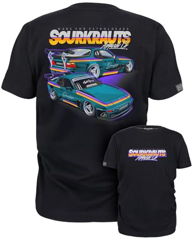 SOURKRAUTS T-Shirt SKClassic Größe L – Sportliches Unisex Baumwollshirt in Schwarz mit Retro Auto-Print