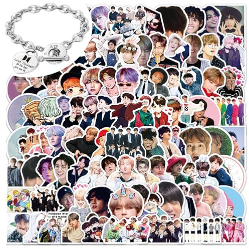 YUESIKJ B.T.S Fanartikel Geschenke Set, 1 B.T.S Style Herz-Armband, (18cm), 100 Aufkleber, Merch für B.T.S, Unisex Edelstahl Silber Bracelet