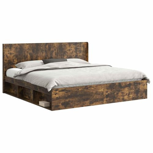 vidaXL Bettgestell mit Stauraum und Kopfteil Geräucherte Eiche, Moderner Bettgestell, stylische Kopfteil, rechteckiger Stauraum, platzsparende Möbel für Dein Schlafzimmer