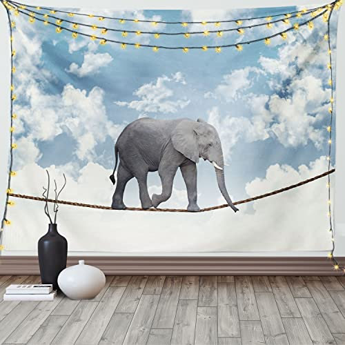 ABAKUHAUS Afrika Wandteppich, Klassische Elefantenbalance, Wohnzimmer Schlafzimmer Heim Seidiges Satin Wandteppich, 200 x 150 cm, Blau grau Weiß